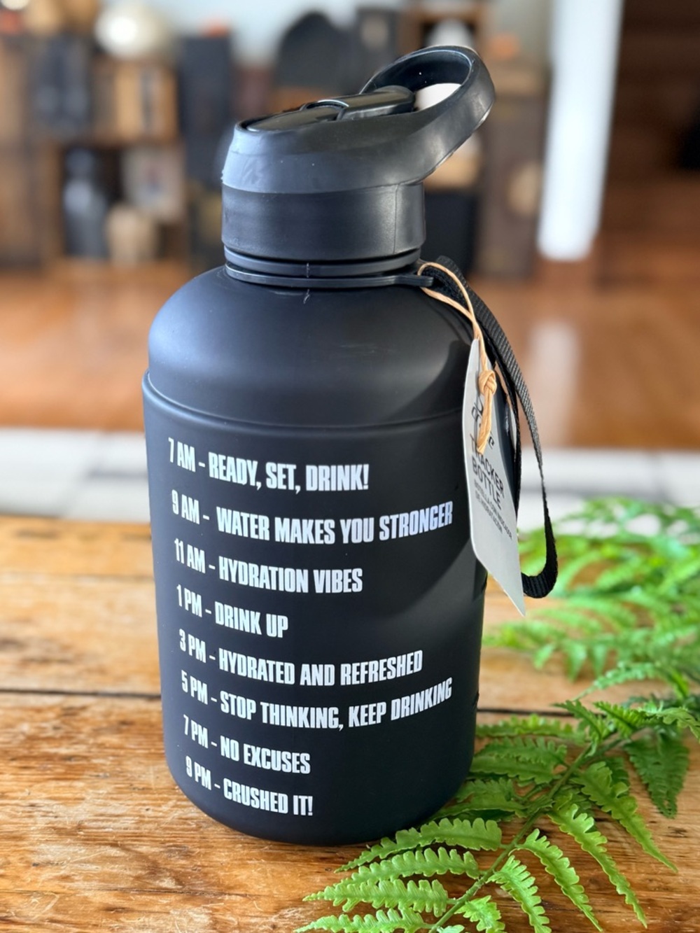 Motivational Large Black Water Bottle with Timed Drink Markings